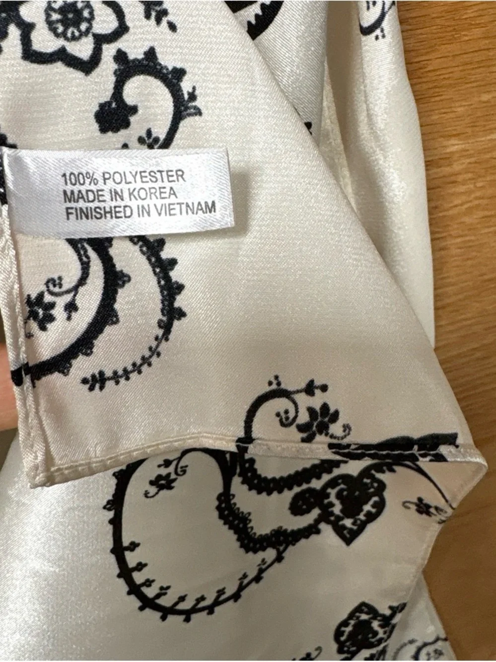Vintage White Satin Scarf with Black Paisley Print